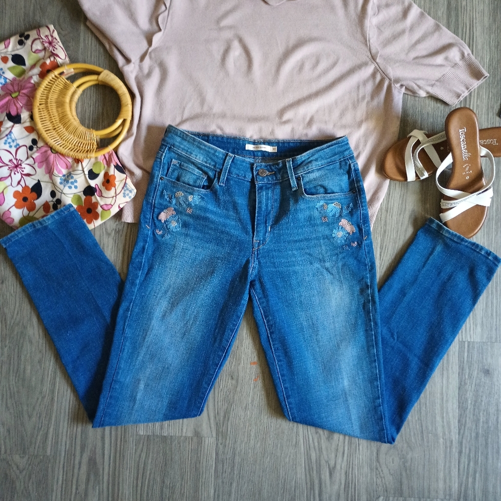 ✿ LEVI'S Floral Embroidery Jeans Mid Rise Skinny  W 30 L 32